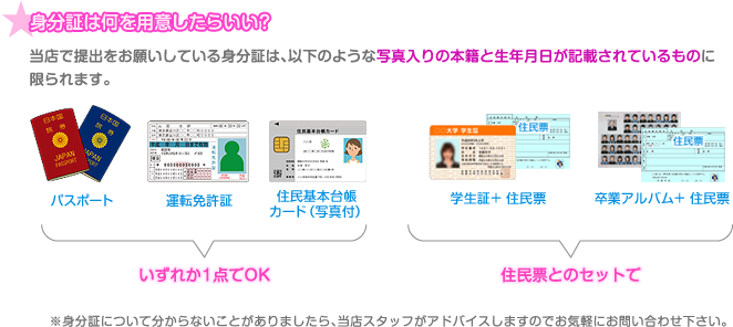 当店で提出をお願いしている身分証は、写真入りの本籍と生年月日が記載されているものに限られます。パスポート、運転免許証、住民基本台帳カード（写真付き）学生証＋住民票の2点、卒業アルバム＋住民票の2点 など。※身分証について分からないことがありましたらアドバイスしますので、お気軽にお問い合わせ下さい。